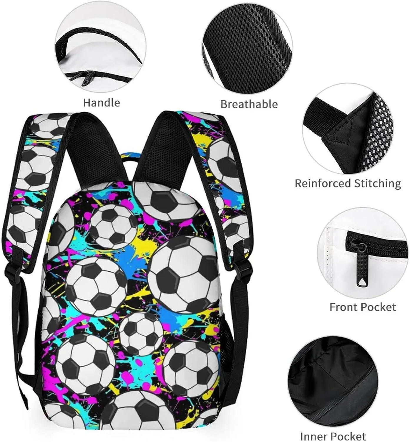 Custom Soccer Backpack for Kids Girls Boys School, 16 Inches Cool Soccer Theme Bookbag, Adjustable, Lightweight, Large Capacity, Colorful Soccer Backpack for School