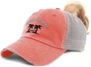 Custom Womens Ponytail Cap Black Palm Trees and Hammock Embroidery Cotton