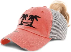 Custom Womens Ponytail Cap Black Palm Trees and Hammock Embroidery Cotton