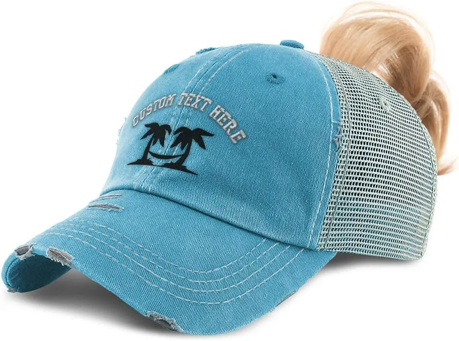 Custom Womens Ponytail Cap Black Palm Trees and Hammock Embroidery Cotton
