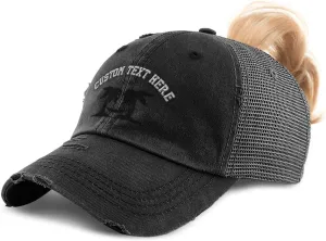 Custom Womens Ponytail Cap Black Palm Trees and Hammock Embroidery Cotton
