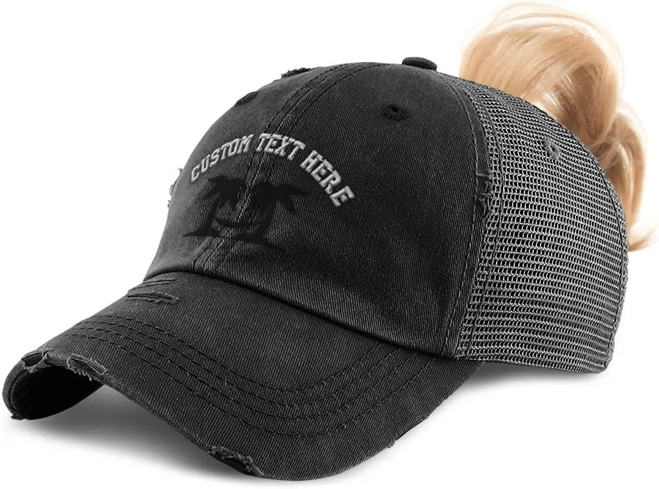 Custom Womens Ponytail Cap Black Palm Trees and Hammock Embroidery Cotton