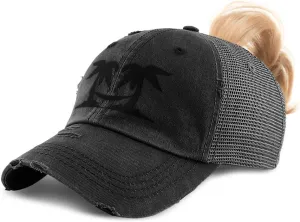 Custom Womens Ponytail Cap Black Palm Trees and Hammock Embroidery Cotton