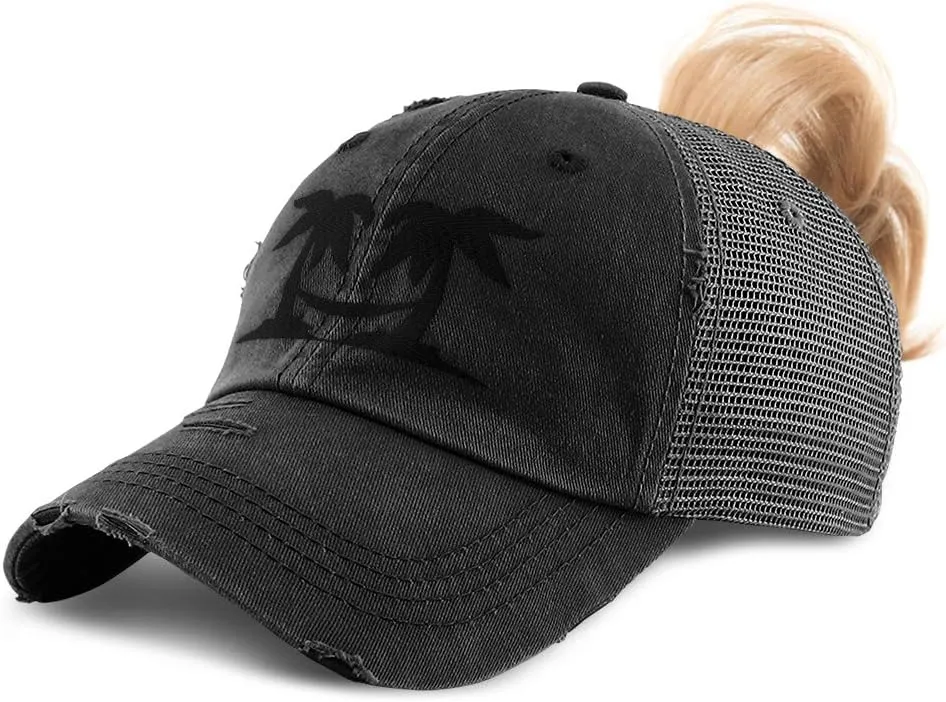 Custom Womens Ponytail Cap Black Palm Trees and Hammock Embroidery Cotton