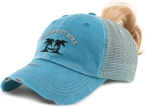 Custom Womens Ponytail Cap Black Palm Trees and Hammock Embroidery Cotton