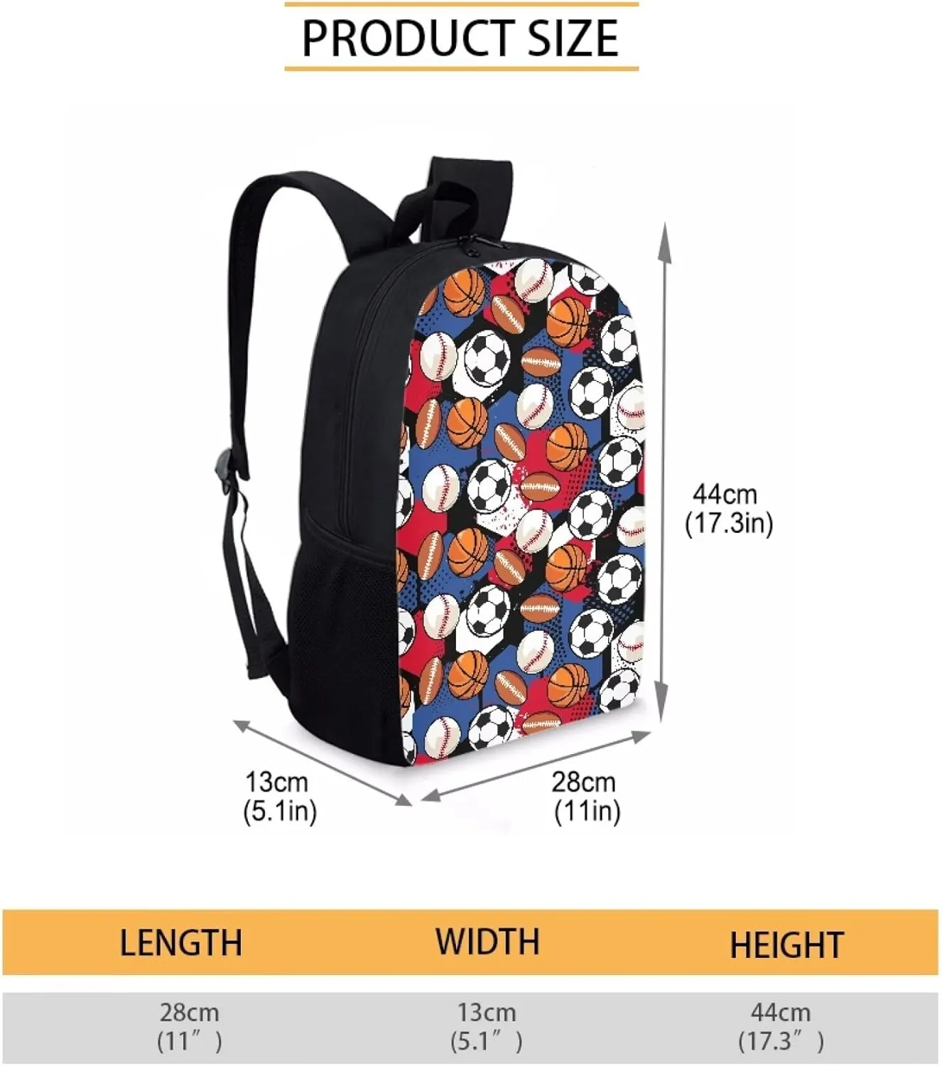 Cute Boys School Blue Basketball Baseball Football Backpack for Elementary Student Soft Comfy Bookbag Daypack for Girls Campus Daily Outing Backpack with Side Pocket