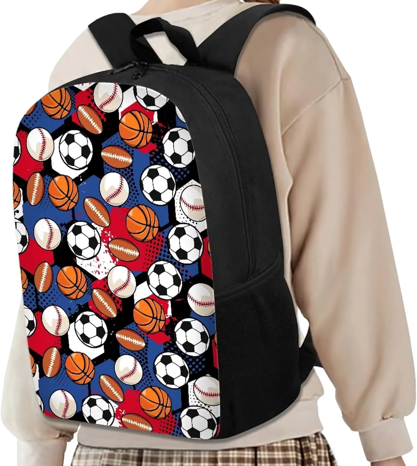 Cute Boys School Blue Basketball Baseball Football Backpack for Elementary Student Soft Comfy Bookbag Daypack for Girls Campus Daily Outing Backpack with Side Pocket