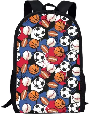 Cute Boys School Blue Basketball Baseball Football Backpack for Elementary Student Soft Comfy Bookbag Daypack for Girls Campus Daily Outing Backpack with Side Pocket