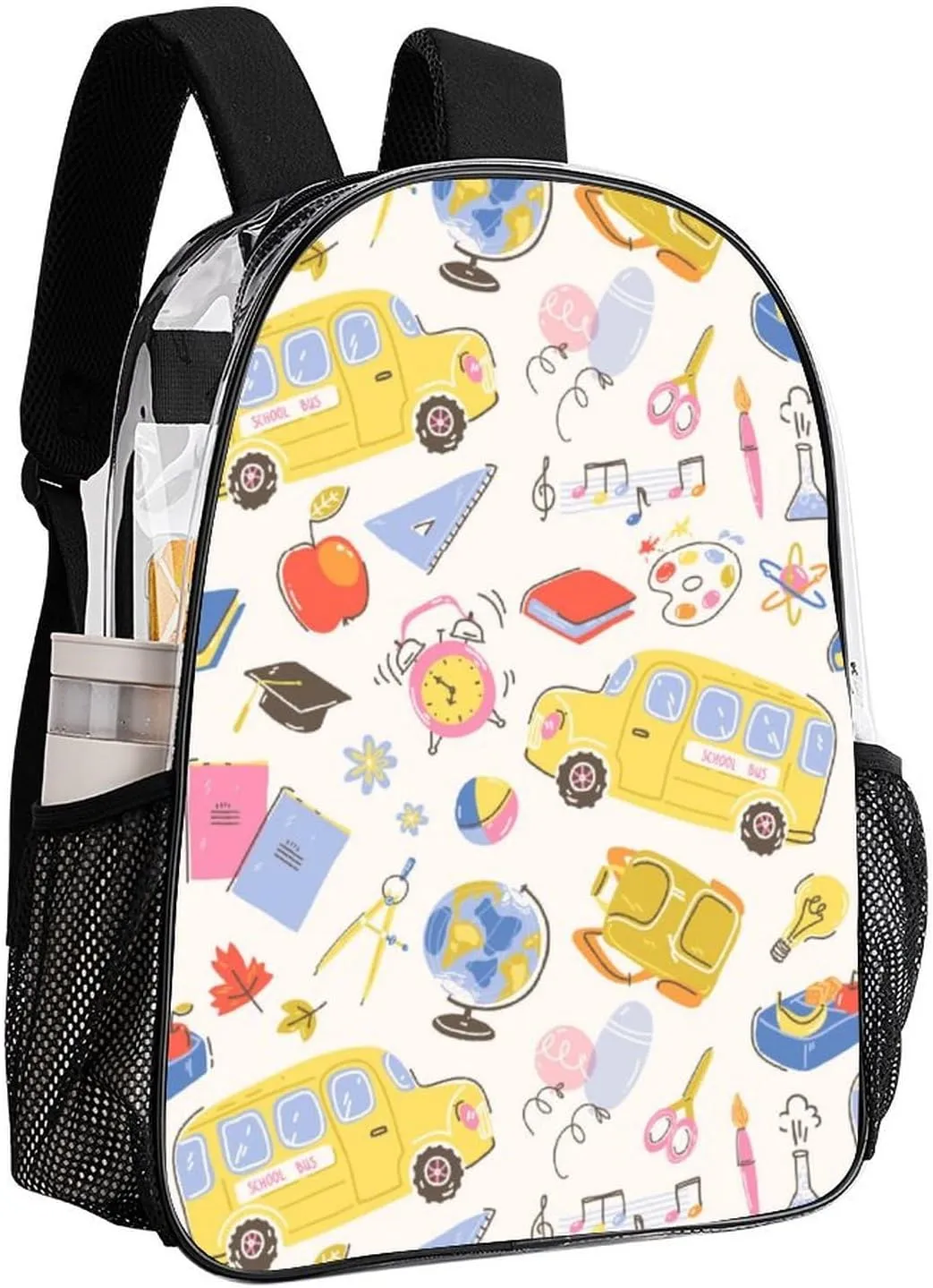 Cute Bus Alarm Clock Books Heavy Duty Clear Backpack for Women Men Cute Large Capacity Transparent See Through Bag for Concert Stadium Events with Water-Resistant PVC