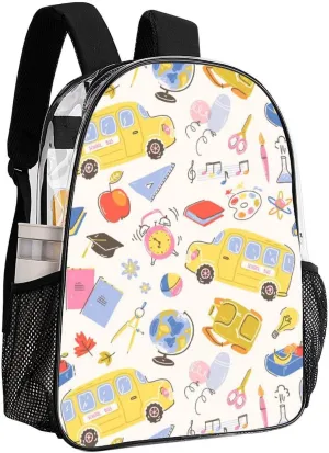 Cute Bus Alarm Clock Books Heavy Duty Clear Backpack for Women Men Cute Large Capacity Transparent See Through Bag for Concert Stadium Events with Water-Resistant PVC