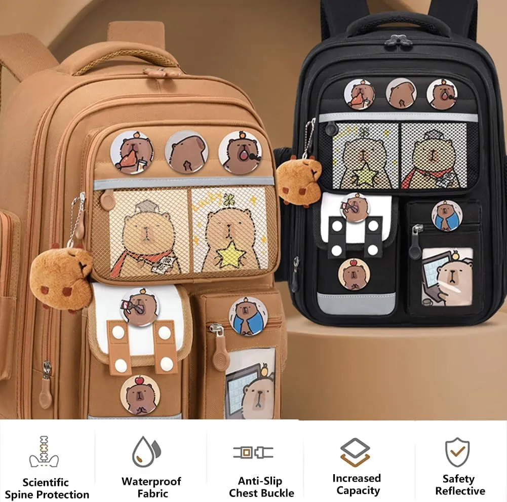 Cute Capybara Backpack with Chic Case, Cartoon Large Capacity Backpack, Durable Casual Bag, Suitable for Junior High Students (Brown-C, Small)