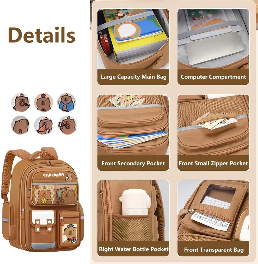 Cute Capybara Backpack with Chic Case, Cartoon Large Capacity Backpack, Durable Casual Bag, Suitable for Junior High Students (Brown-C, Small)
