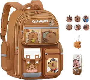 Cute Capybara Backpack with Chic Case, Cartoon Large Capacity Backpack, Durable Casual Bag, Suitable for Junior High Students (Brown-C, Small)
