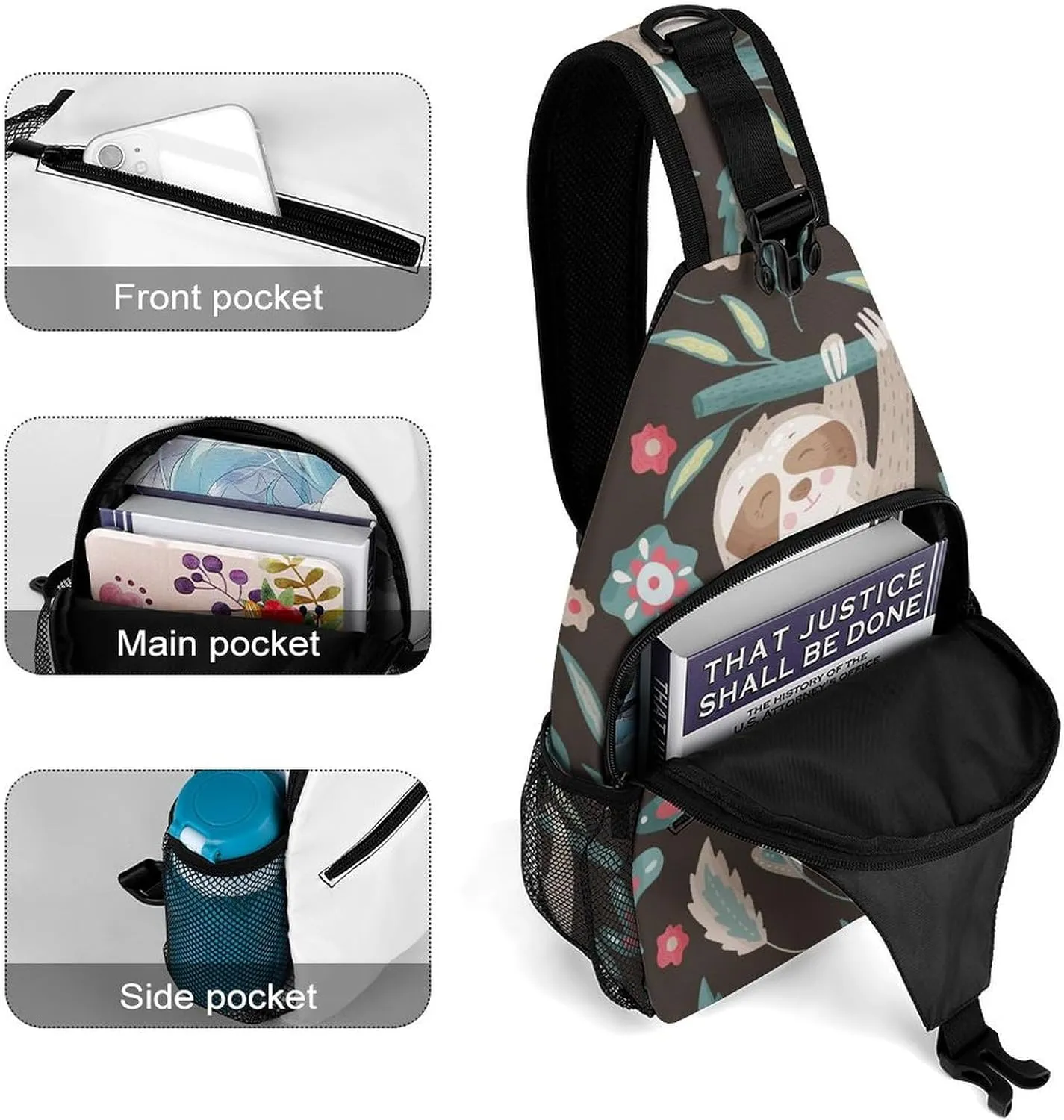 Cute-cartoon-sloth Print Sling Backpack, Crossbody Shoulder Bag, Chest Bags for Outdoor Travel Fitness, 38x20cm, Style-1