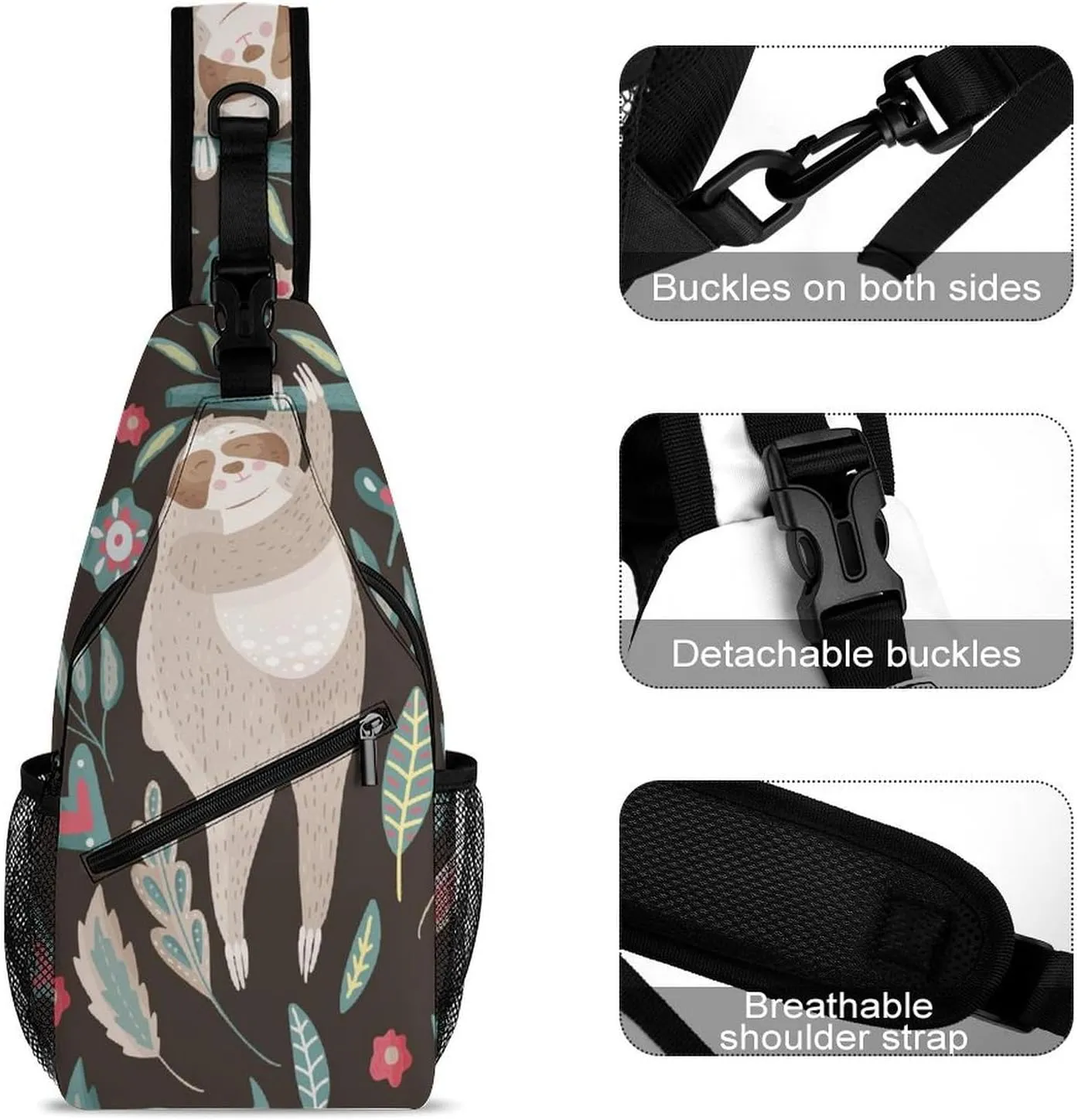 Cute-cartoon-sloth Print Sling Backpack, Crossbody Shoulder Bag, Chest Bags for Outdoor Travel Fitness, 38x20cm, Style-1