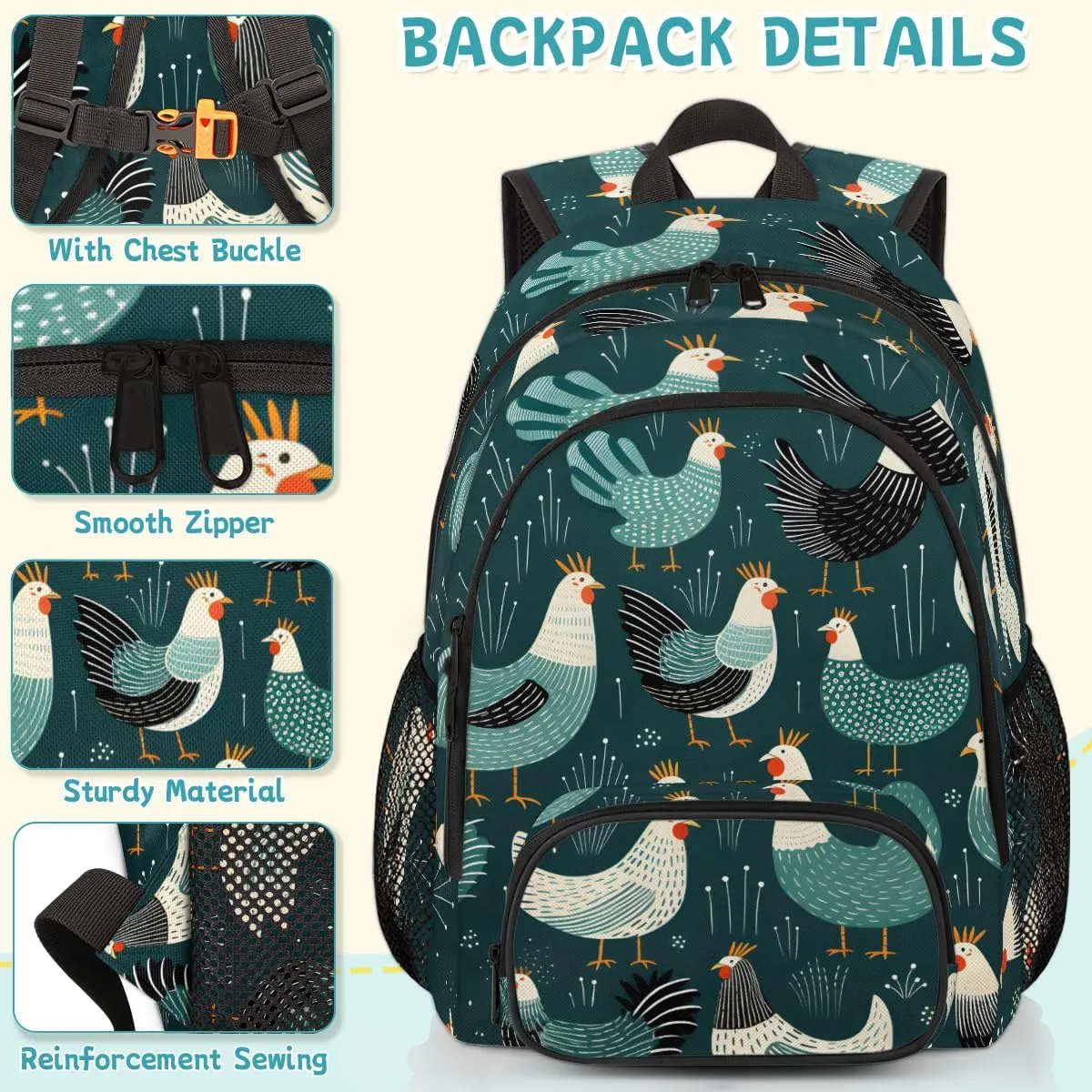 Cute Chickens Carry on Travel Backpack for Women Men Water resistant Lightweight Rucksack Backpack for Weekender Casual Work Hiking Cocks and Hens Rooster Farm