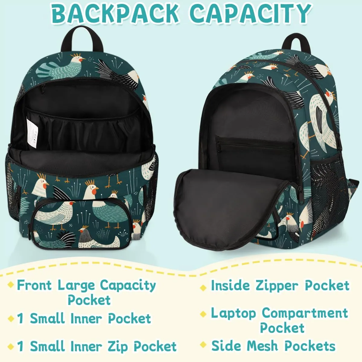 Cute Chickens Carry on Travel Backpack for Women Men Water resistant Lightweight Rucksack Backpack for Weekender Casual Work Hiking Cocks and Hens Rooster Farm