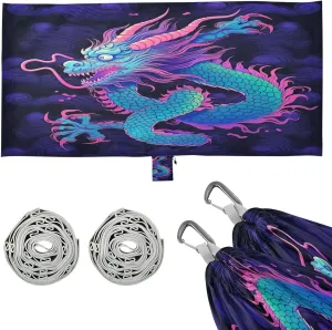 Cute Dragon Camping Hammock, Single Portable Hammocks with Tree Straps & Attached Carry Bag, 330Lbs Capacity Perfect for Outside Indoor Hiking Beach Backpack Travel