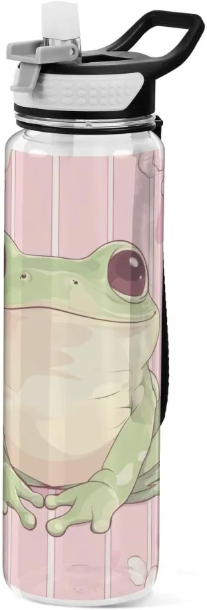 Cute Frog with Flowers Water Bottle with Straw Lid 32oz Leakproof Clear Gym Water Bottles for Women Men Outdoor Sport Drinking