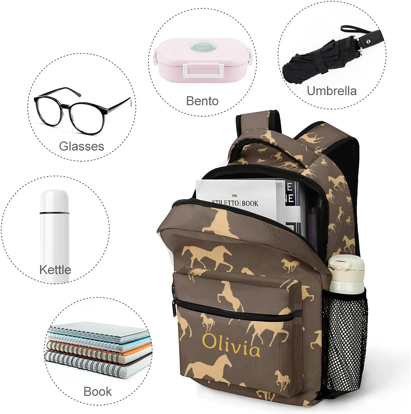 Cute Funny Horse Bag Backpack Personalized Name Waterproof for Boys Gift