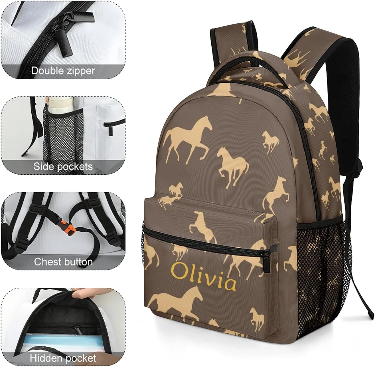 Cute Funny Horse Bag Backpack Personalized Name Waterproof for Boys Gift
