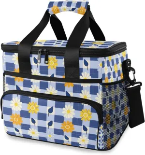 Daisy Flower White Blue Buffalo Plaid Cooler Bag Insulated Cooler Soft Sided Cooler 24 Can Portable Picnic Bag Large Leakproof Lunch Bag Box for Beach Grocery Camping Travel Car Men Women