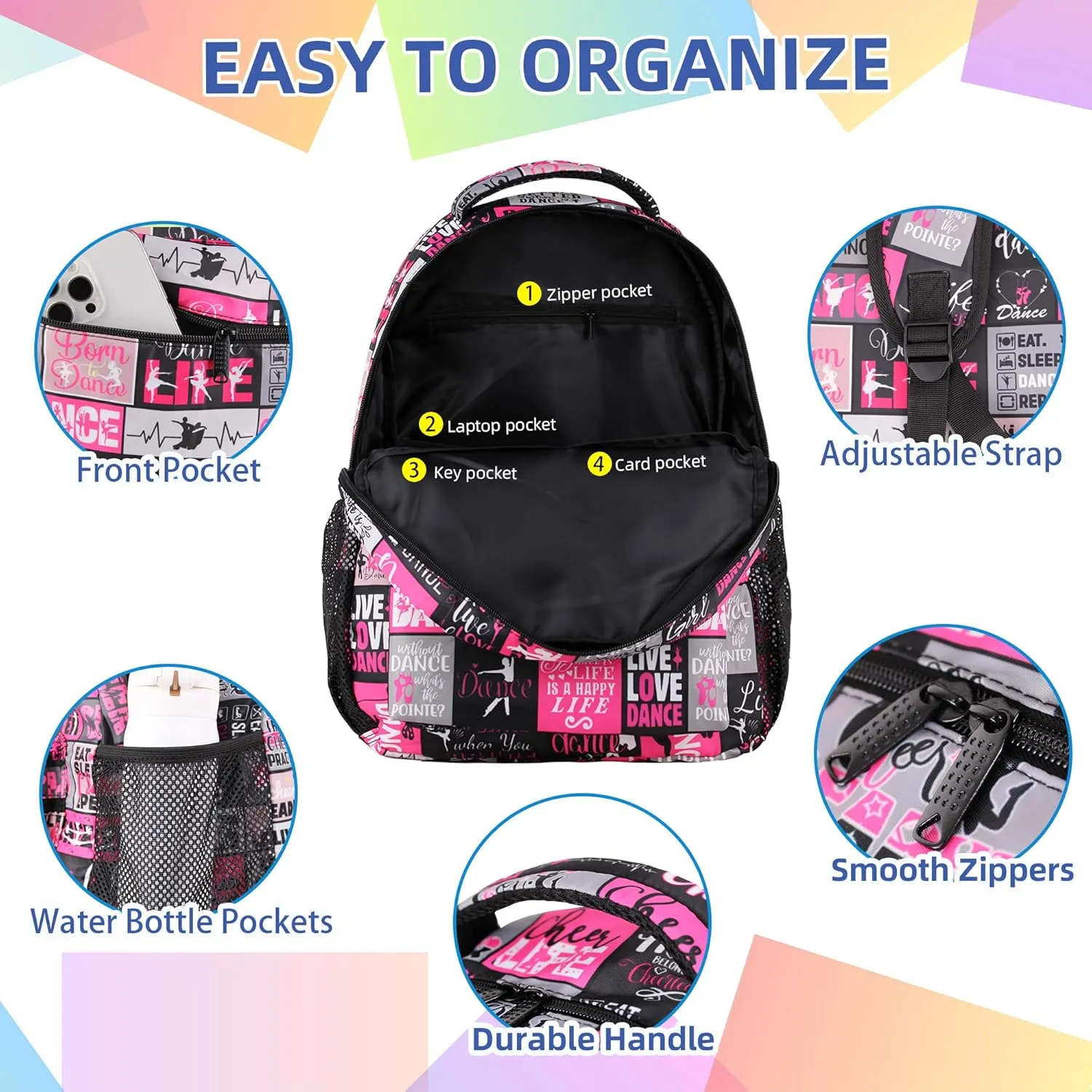 Dance Backpack with Lunch Box Lightweight Casual Travel Dance Backpack 17 inch Women Gift for Dance Lover