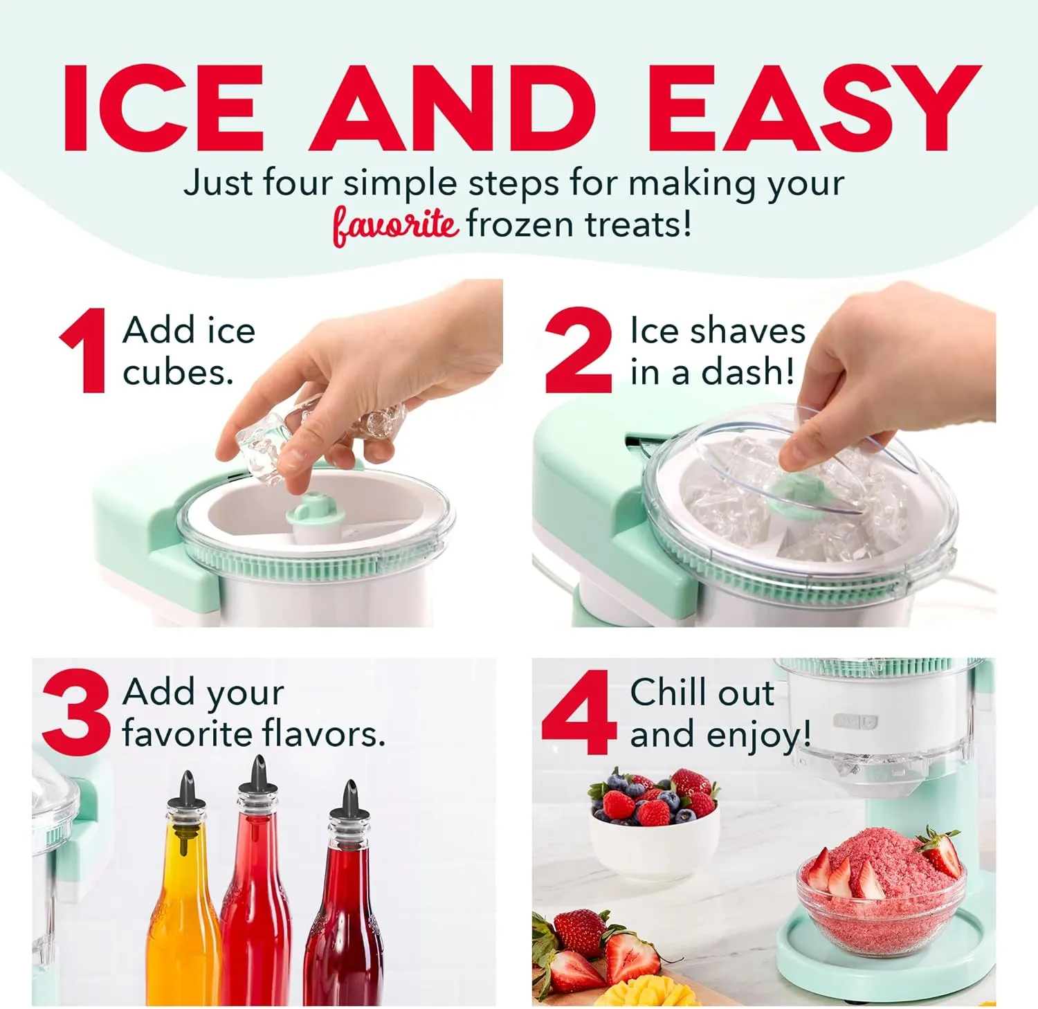DASH Shaved Ice Maker and Slushie Machine (Aqua): Multi-Purpose Ice Shaver Machine for Homemade Shaved Ice, Snow Cones, Slushies, Cocktails & More with Stainless Steel Blades, Easy to Clean and Store