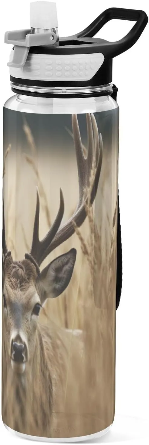 Deer Clear Water Bottle with Straw Lid, BPA-Free Leakproof Sport Water Bottle 32oz Large Gym Water Jug for Men Women Travel Fitness Outdoor