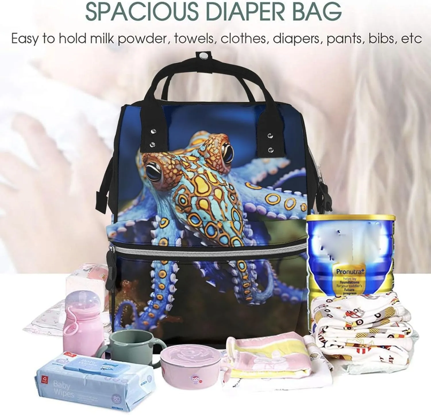 Diaper Bag Nappy Backpack Baby Bag Las Vegas night view Mummy Backpack Multifunction Changing Bags for Travel, Blue Ringed Octopus, One Size