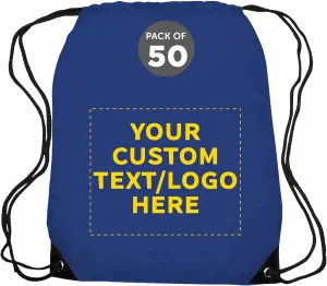DISCOUNT PROMOS Custom Drawstring Backpack with Blue Trim Set of 50, Personalized Bulk Pack - Water Resistant, Perfect for Gym, Camping, Beach, Outdoor Sports - Blue