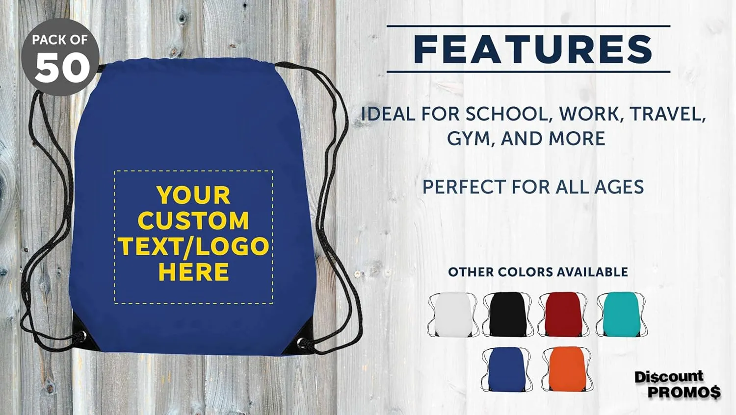 DISCOUNT PROMOS Custom Drawstring Backpack with Blue Trim Set of 50, Personalized Bulk Pack - Water Resistant, Perfect for Gym, Camping, Beach, Outdoor Sports - Blue