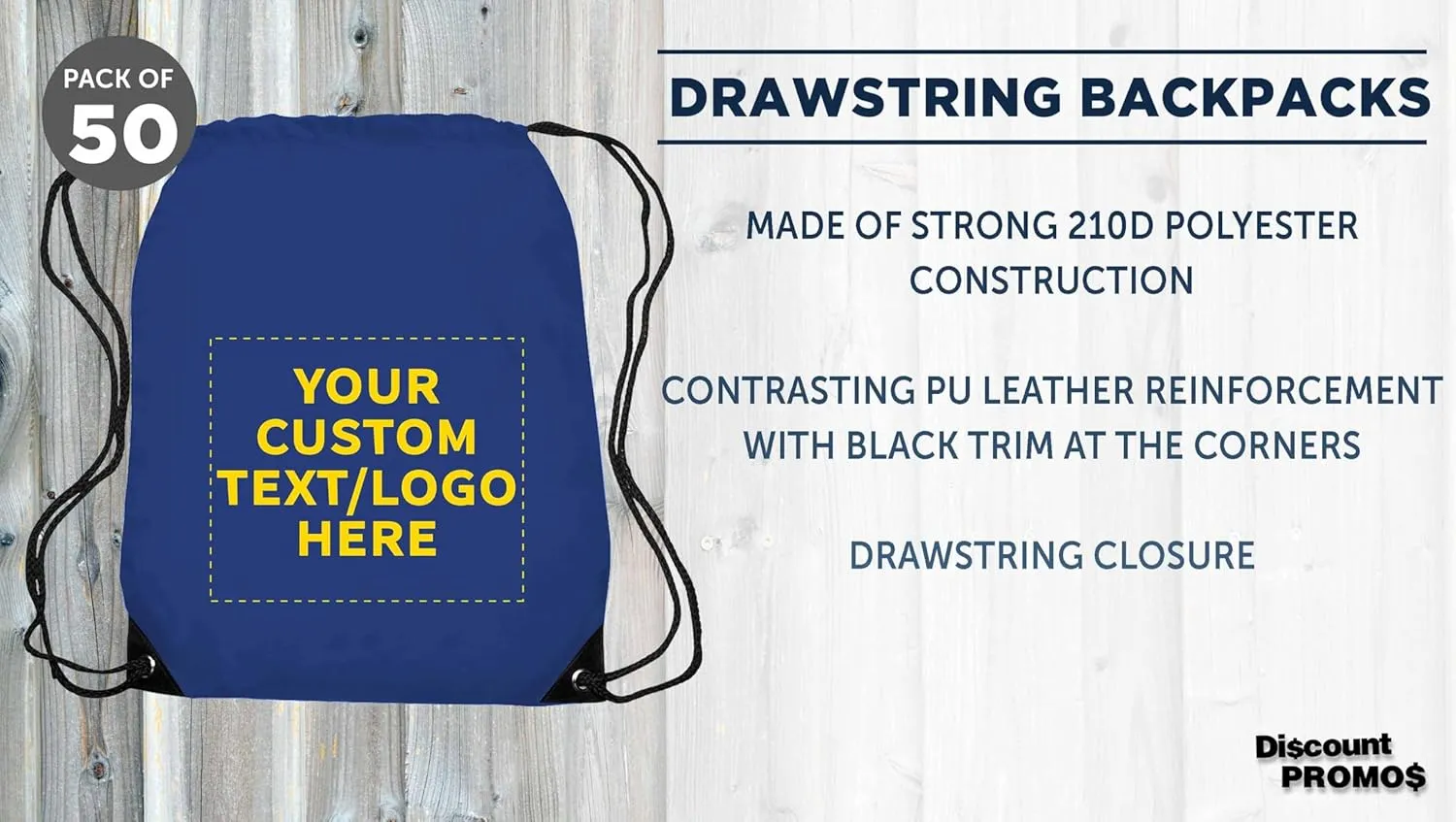 DISCOUNT PROMOS Custom Drawstring Backpack with Blue Trim Set of 50, Personalized Bulk Pack - Water Resistant, Perfect for Gym, Camping, Beach, Outdoor Sports - Blue