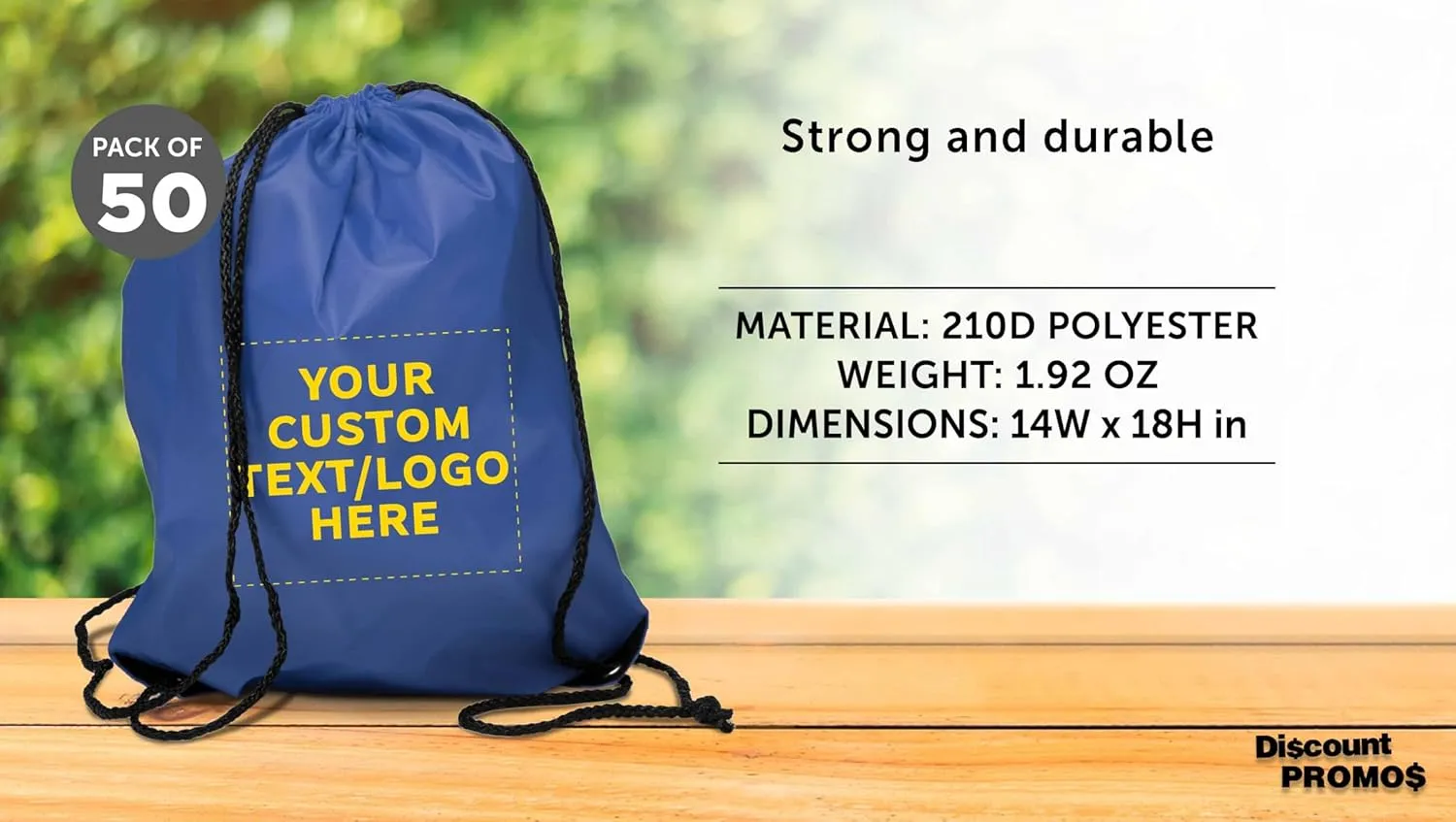 DISCOUNT PROMOS Custom Drawstring Backpack with Blue Trim Set of 50, Personalized Bulk Pack - Water Resistant, Perfect for Gym, Camping, Beach, Outdoor Sports - Blue