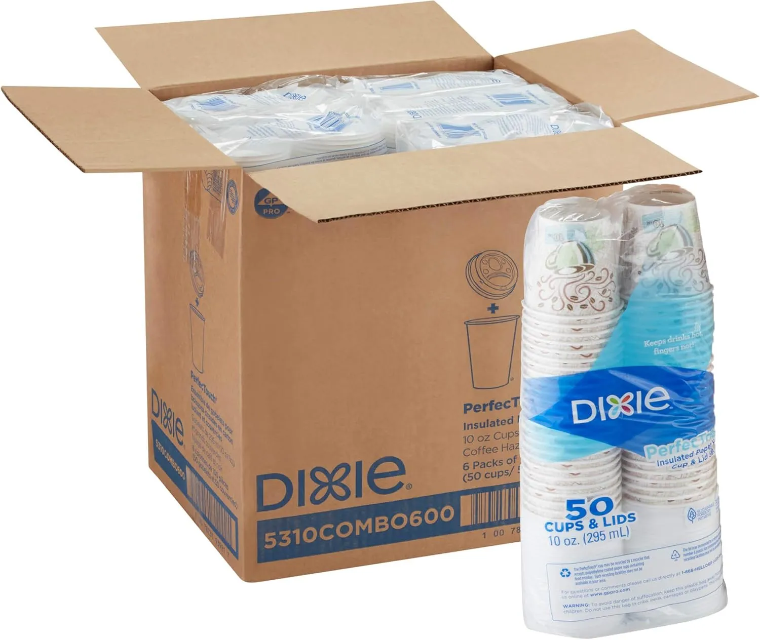 Dixie PerfecTouch 10 oz Insulated Paper Hot Coffee Cup and Lid Set by GP PRO (Georgia-Pacific), Coffee Haze and White, 5310COMBO600, 300 Cups and 300 Lids (50 Cups and Lids Per Pack, 6 Packs Per Case)