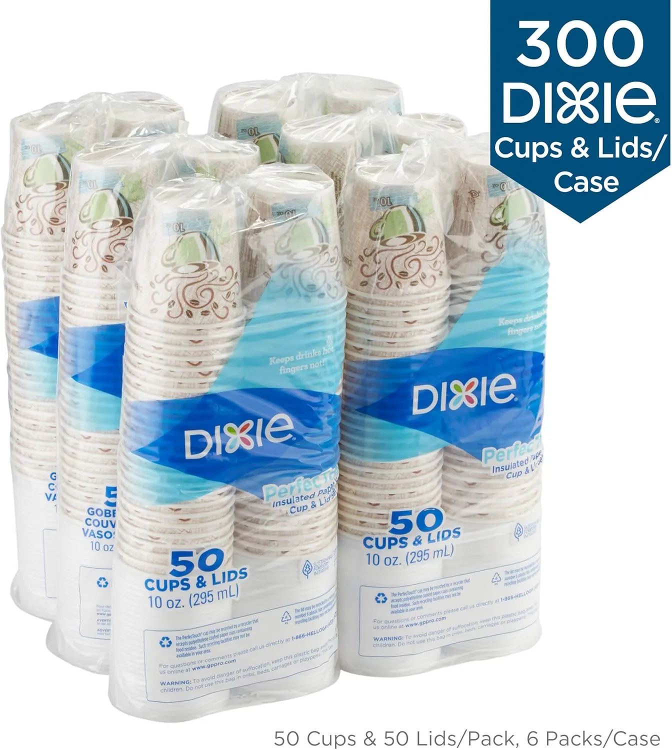 Dixie PerfecTouch 10 oz Insulated Paper Hot Coffee Cup and Lid Set by GP PRO (Georgia-Pacific), Coffee Haze and White, 5310COMBO600, 300 Cups and 300 Lids (50 Cups and Lids Per Pack, 6 Packs Per Case)