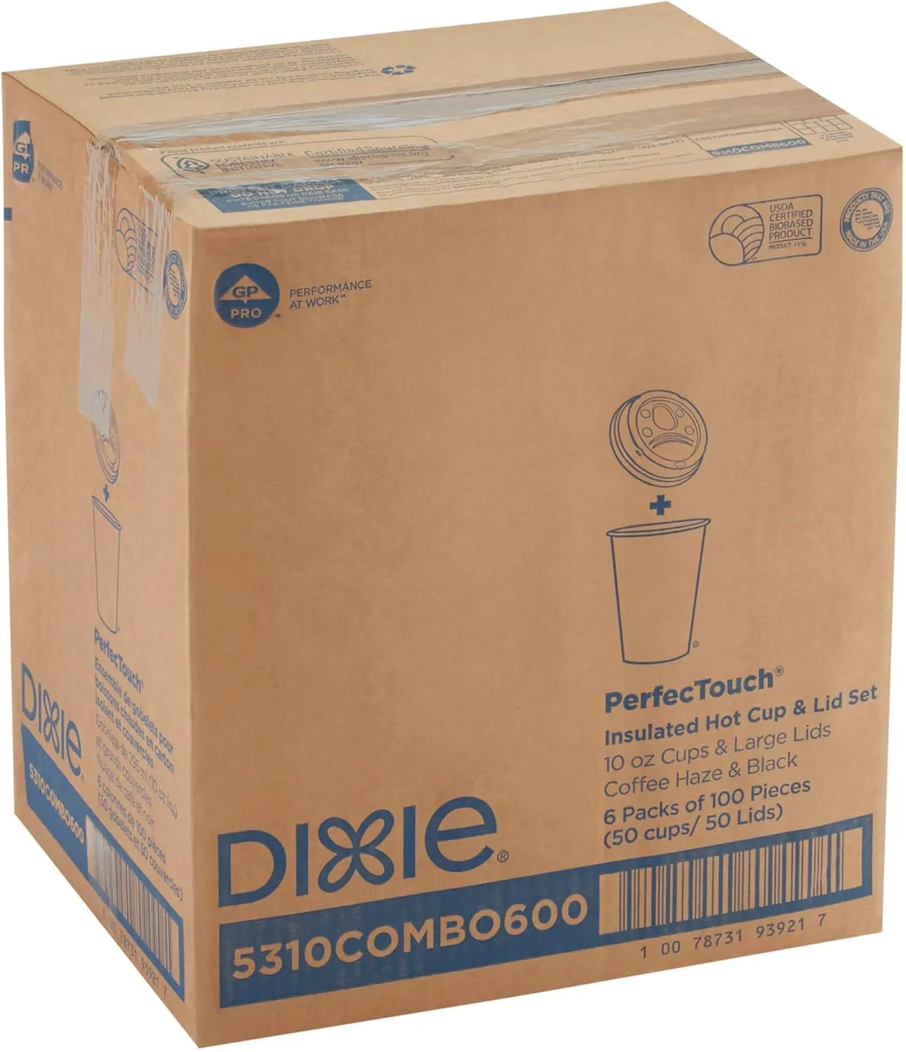 Dixie PerfecTouch 10 oz Insulated Paper Hot Coffee Cup and Lid Set by GP PRO (Georgia-Pacific), Coffee Haze and White, 5310COMBO600, 300 Cups and 300 Lids (50 Cups and Lids Per Pack, 6 Packs Per Case)