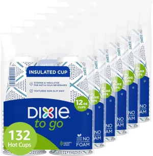 Dixie To Go Paper Coffee Cups, 12 oz, 132 ct, Disposable Insulated Paper Cups for On-The-Go Hot or Cold Beverages
