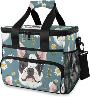Dog French Bulldog Flower Cooler Bag Insulated Cooler Soft Sided Cooler 24 Can Portable Picnic Bag Large Leakproof Lunch Bag Box for Beach Grocery Camping Travel Car Men Women