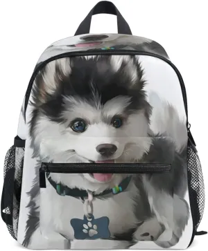 Dog Pattern Backpacks for Kids Girls Boys Cheerful Husky Puppy Preschool Toddler Bookbag with Chest Strap Mini Elementary Kindergarten School Bags