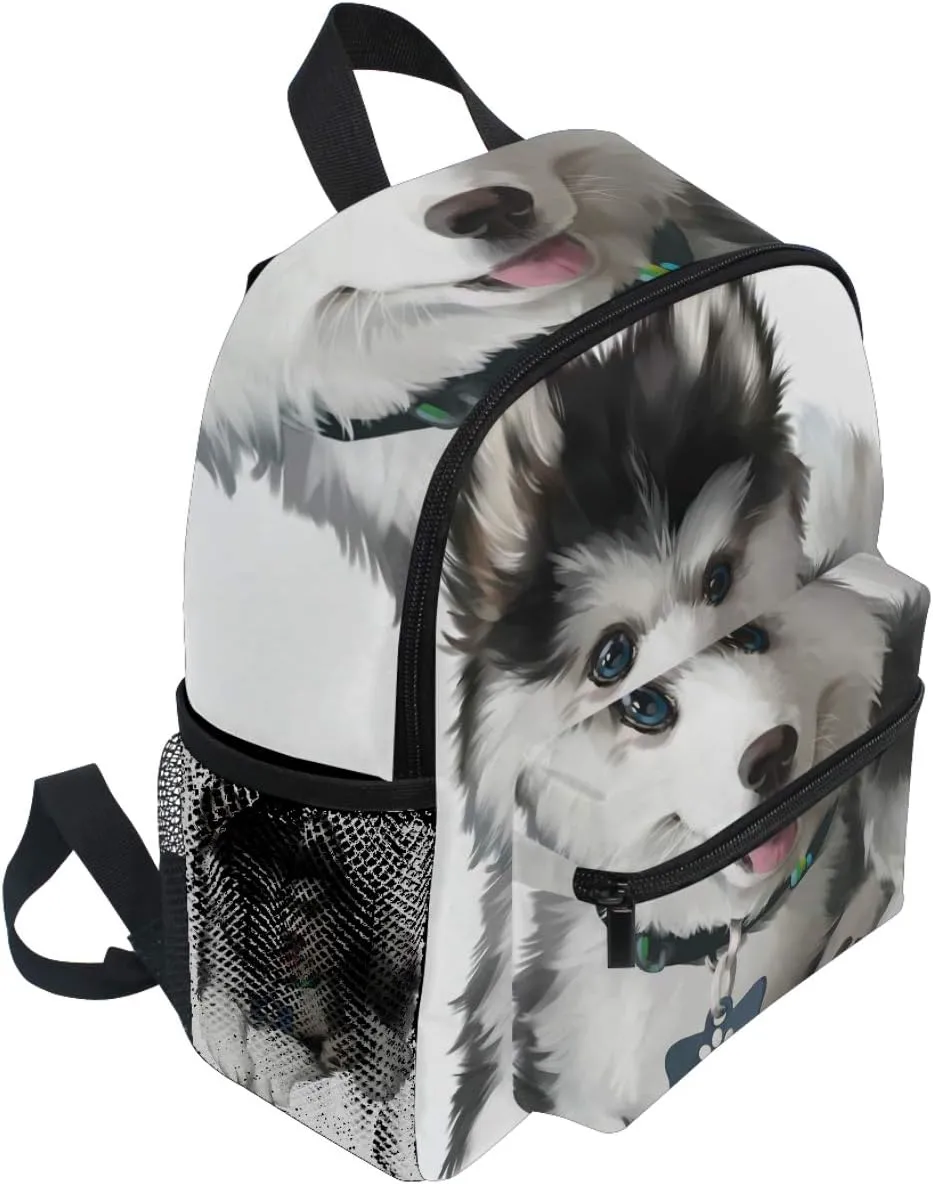 Dog Pattern Backpacks for Kids Girls Boys Cheerful Husky Puppy Preschool Toddler Bookbag with Chest Strap Mini Elementary Kindergarten School Bags