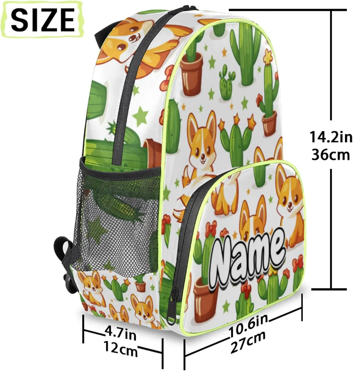 Dogs Cactus Custom Backpack with Name Cute Personalized Small Shoulder Bag Waterproof Travel Casual Backpack with Chest Strap 14.2in