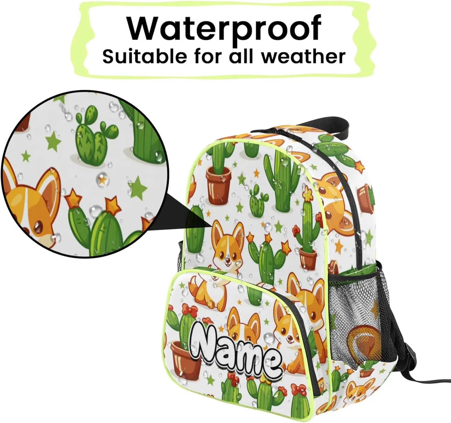 Dogs Cactus Custom Backpack with Name Cute Personalized Small Shoulder Bag Waterproof Travel Casual Backpack with Chest Strap 14.2in