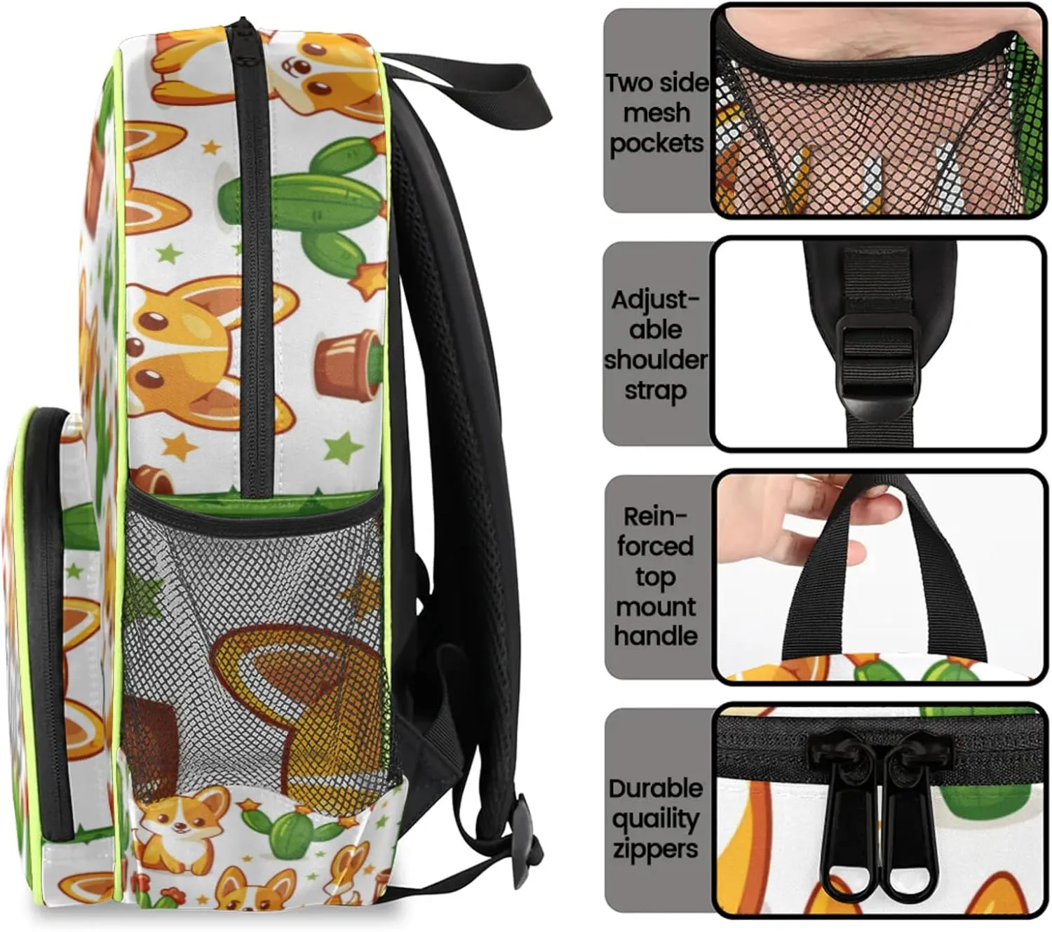 Dogs Cactus Custom Backpack with Name Cute Personalized Small Shoulder Bag Waterproof Travel Casual Backpack with Chest Strap 14.2in