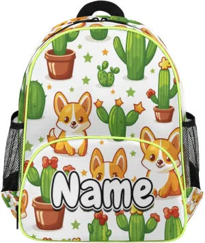 Dogs Cactus Custom Backpack with Name Cute Personalized Small Shoulder Bag Waterproof Travel Casual Backpack with Chest Strap 14.2in