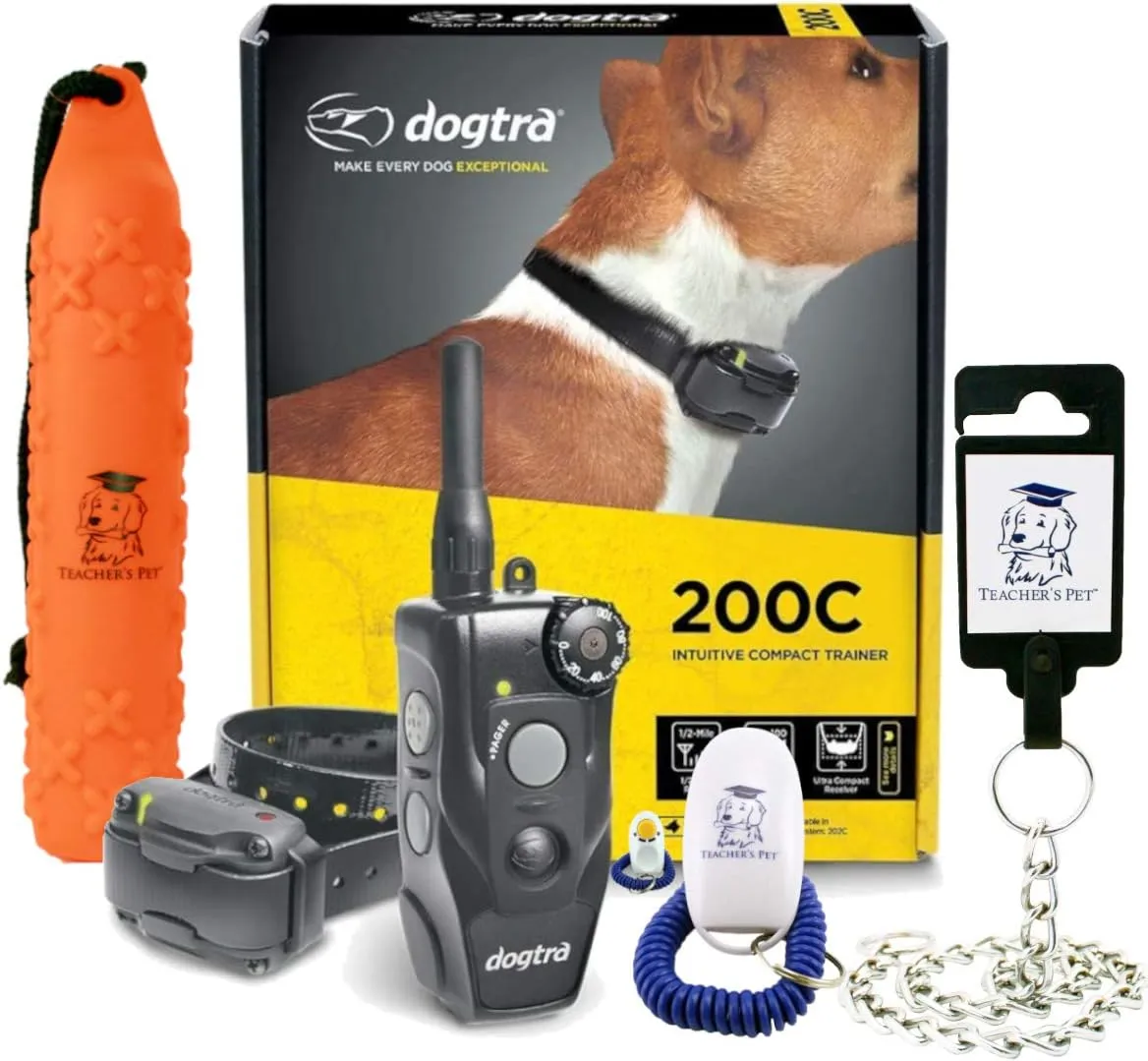 Dogtra 200C Waterproof ½-Mile One-Handed Operation Remote Training Dog E-Collar with Teacher's Pet Complete Training Kit with Clicker, Stainless Steel Chain Lead and Hunting Dummy Bumper