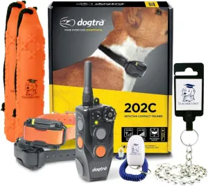 Dogtra 202C Waterproof ½-Mile One-Handed Operation 2-Dog Remote Training Dog E-Collar with Teacher's Pet Complete Training Kit with Clicker, Stainless Steel Chain Lead and Hunting Dummy Bumper