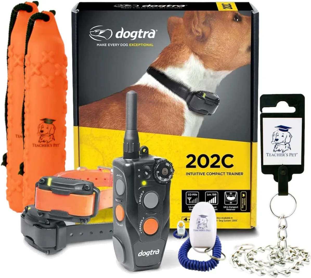 Dogtra 202C Waterproof ½-Mile One-Handed Operation 2-Dog Remote Training Dog E-Collar with Teacher's Pet Complete Training Kit with Clicker, Stainless Steel Chain Lead and Hunting Dummy Bumper
