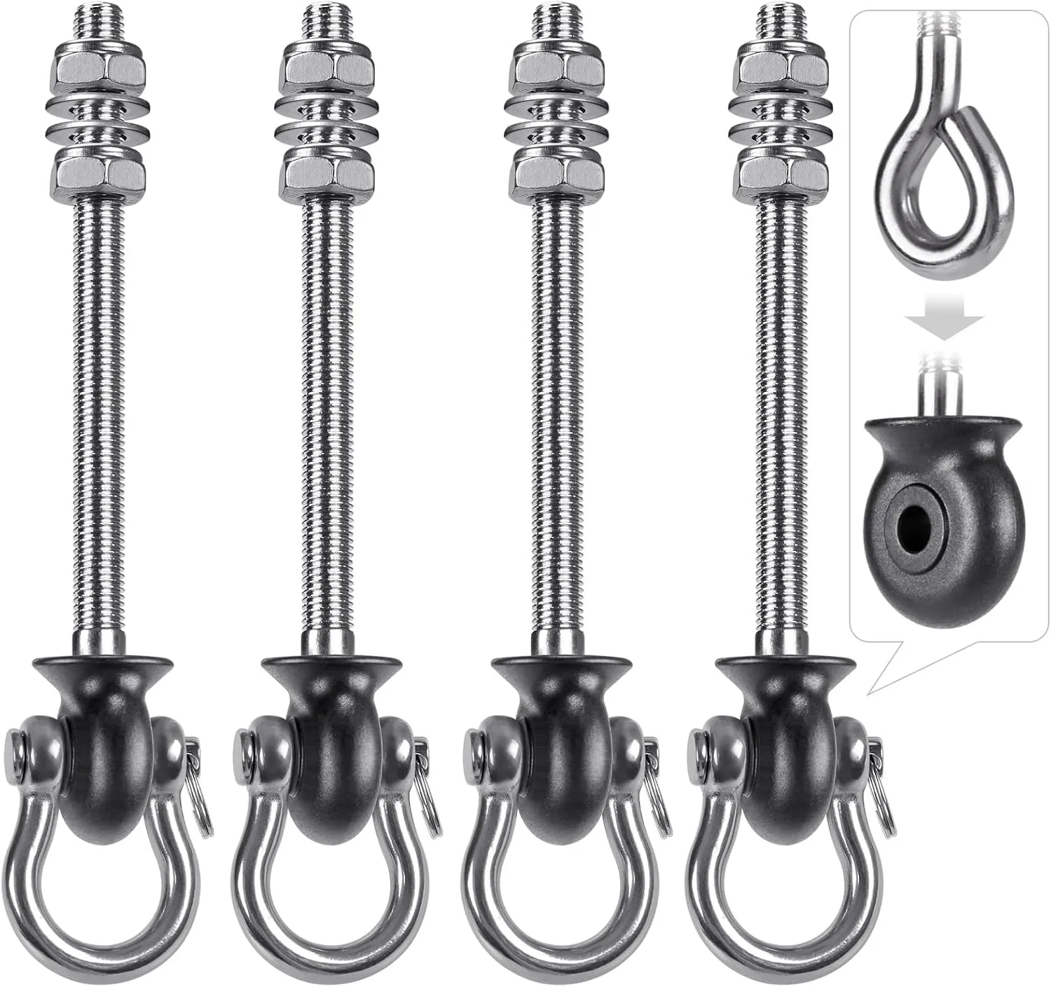 Dolibest Heavy Duty Swing Hangers, Stainless Steel 304 Swing Bolts, 180° Swing, Perfect for Playground, Porch, Yoga, Hammock Chair, Punching Bag - for Wood and Steel Beams, 7.67'' (4Pack)