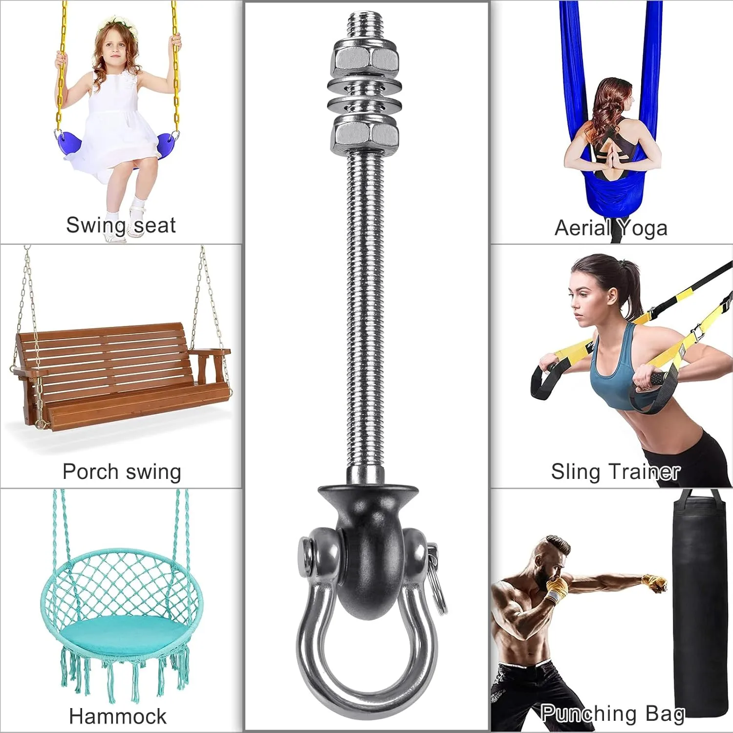 Dolibest Heavy Duty Swing Hangers, Stainless Steel 304 Swing Bolts, 180° Swing, Perfect for Playground, Porch, Yoga, Hammock Chair, Punching Bag - for Wood and Steel Beams, 7.67'' (4Pack)